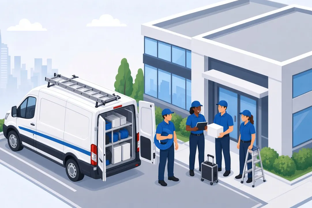Chain technicians installing commercial technology systems