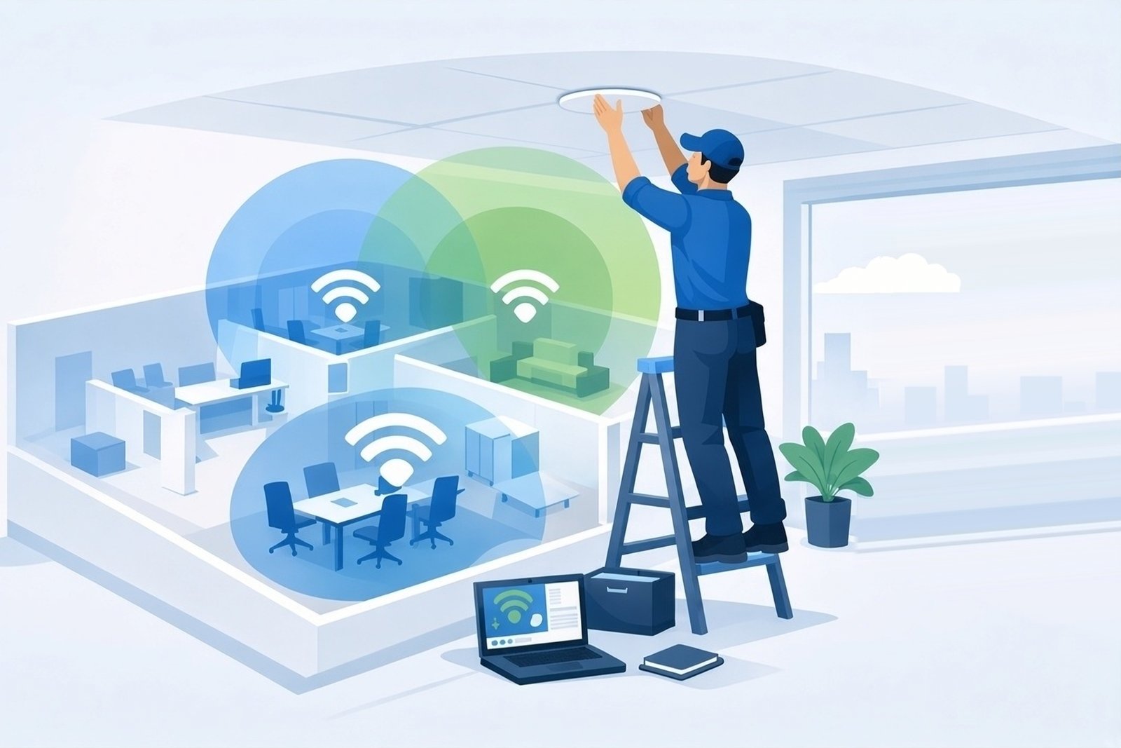 Technician on a ladder installing a ceiling Wi-Fi access point, with coverage zones shown over a cutaway office floor.