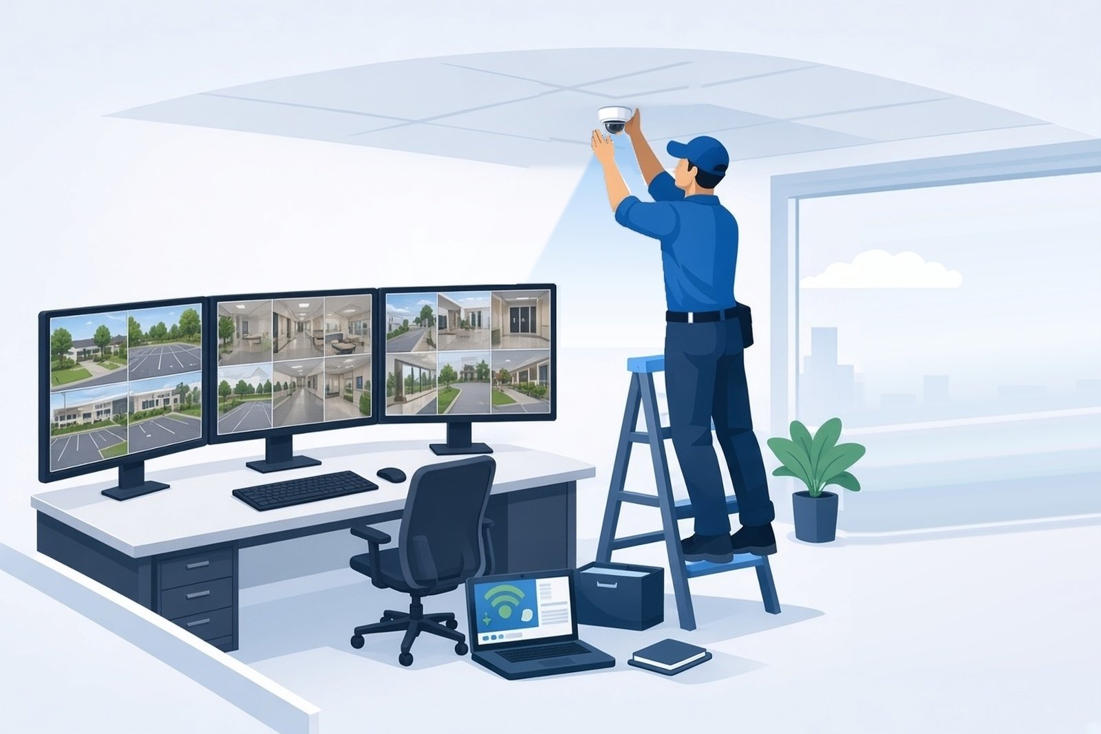 Technician on a ladder mounting a ceiling dome camera above a monitoring desk with three screens showing live camera feeds.