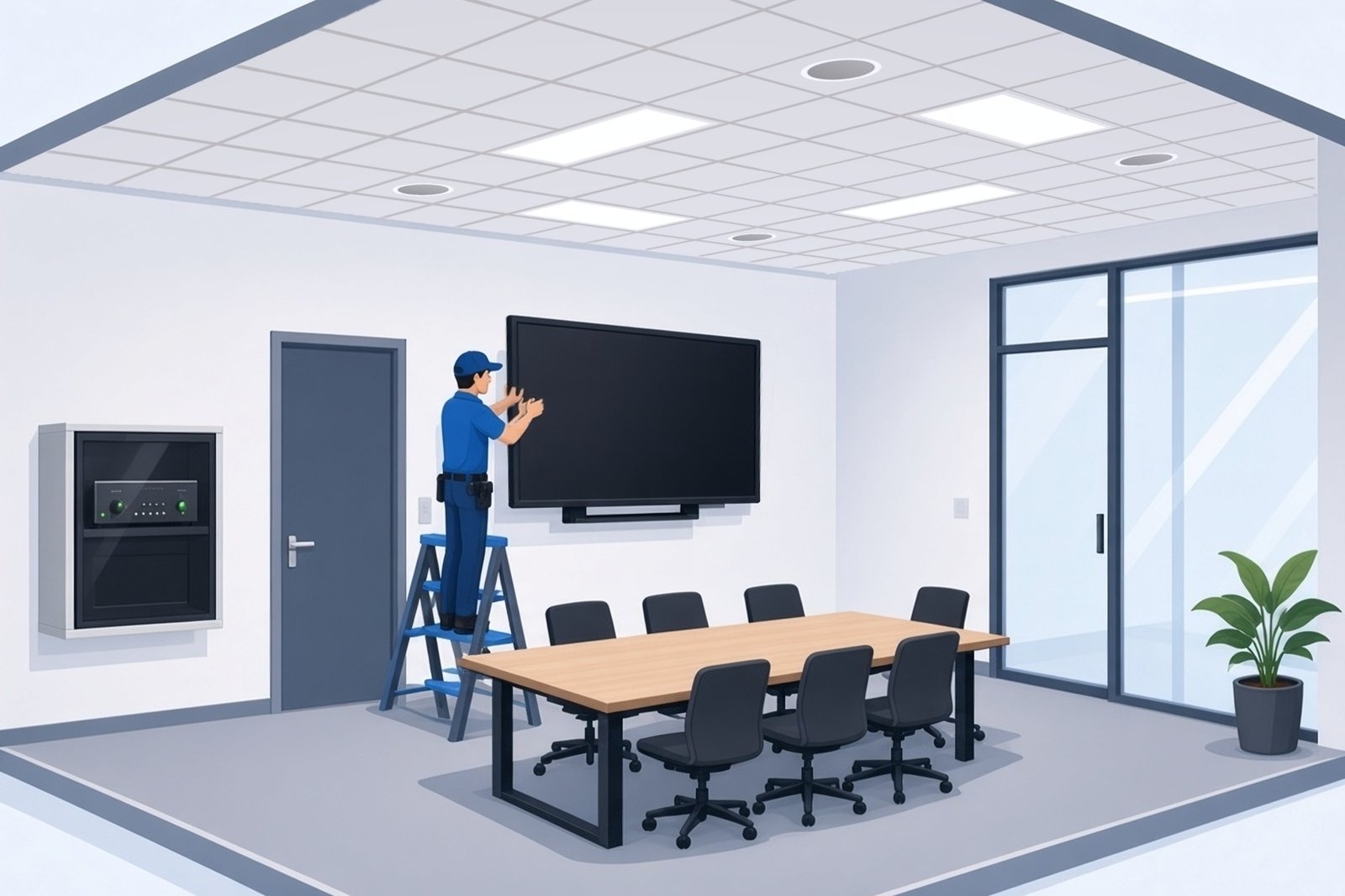 Technician on a ladder mounting a large display above a conference table, with an AV equipment rack on the wall.