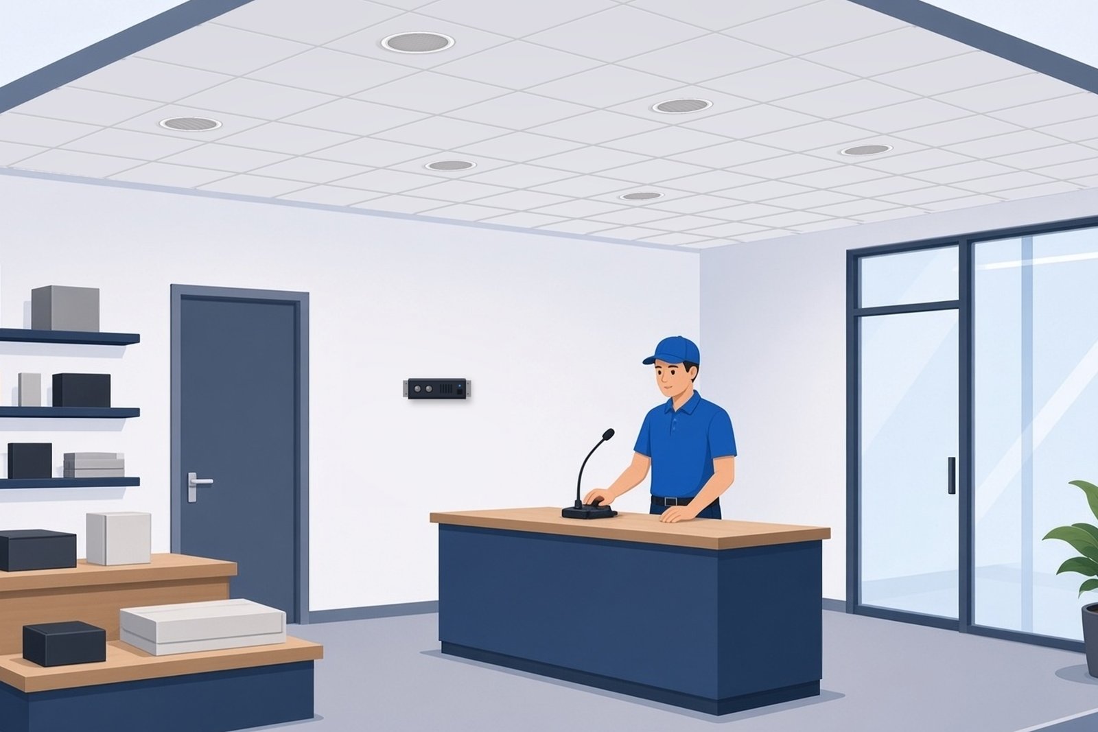 Ceiling speakers evenly spaced in a store's tile ceiling with a staff member using a paging microphone at the checkout counter.