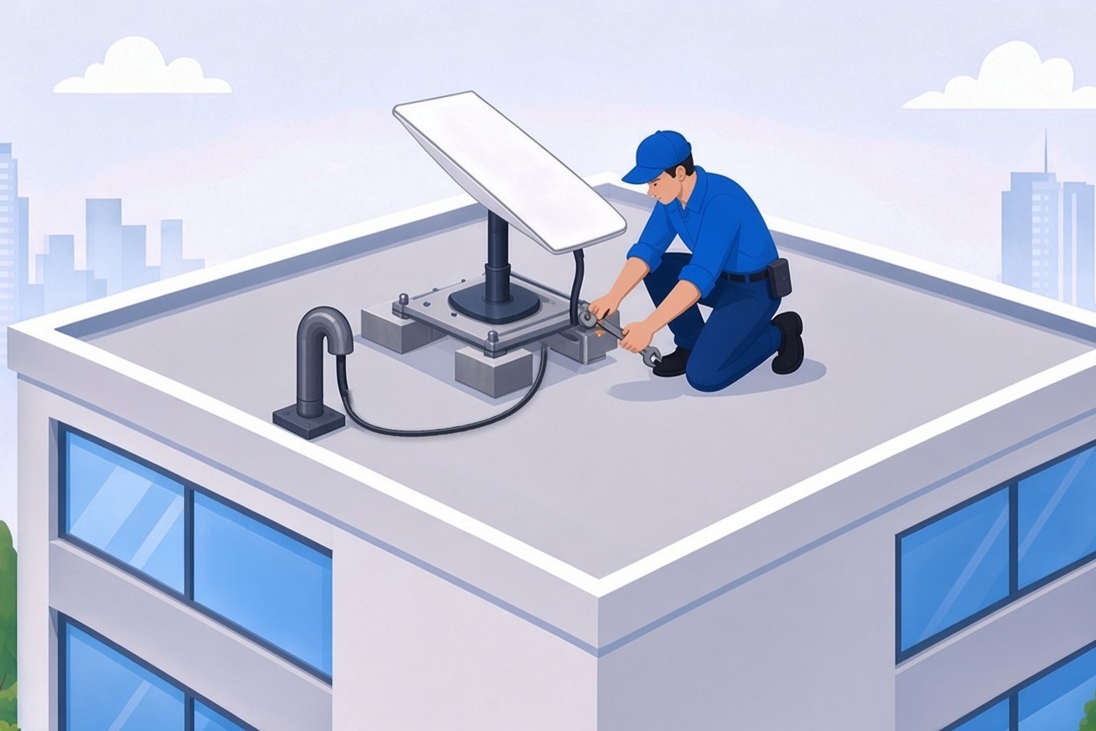 Technician securing a Starlink satellite dish on a commercial rooftop mount.