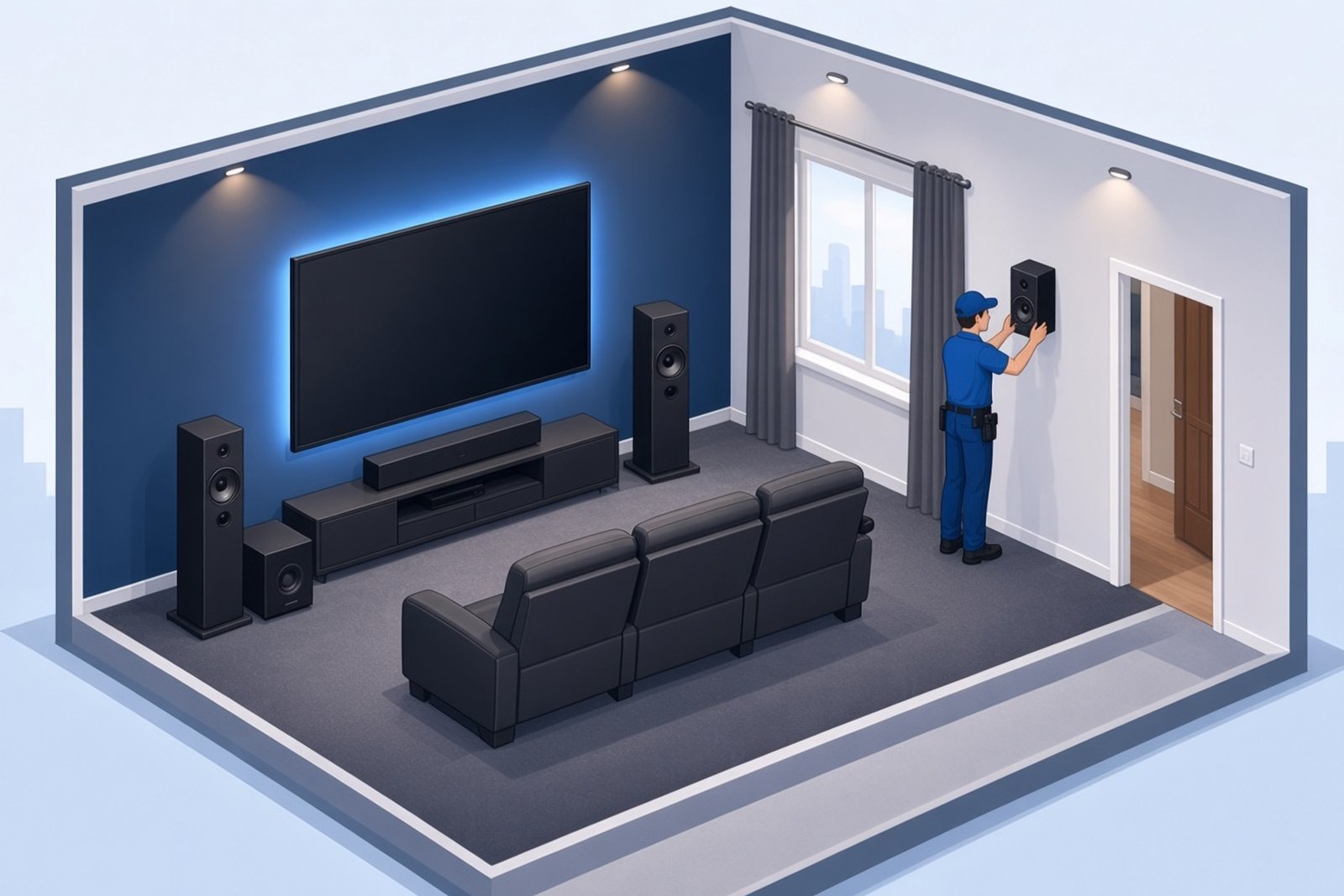 Technician installing a wall control panel in a home theater with a large screen, tower speakers, subwoofer and recliner seating.