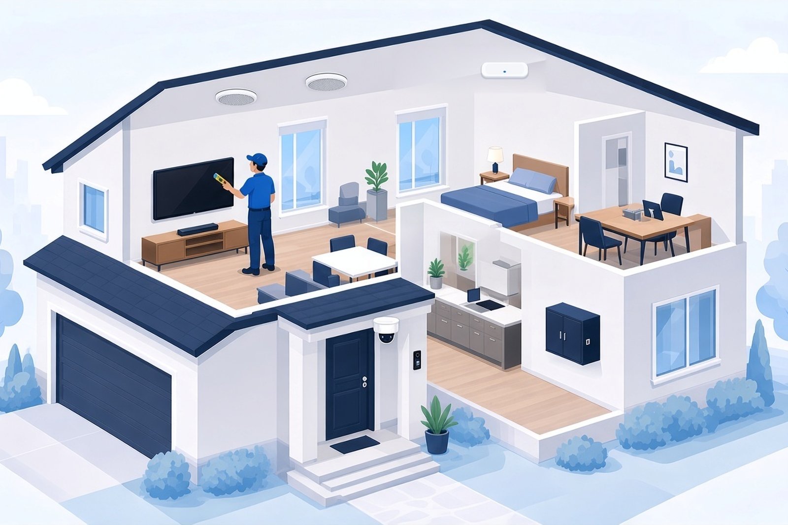 Cutaway of a smart home with a technician mounting a TV in the living room, plus a porch security camera, Wi-Fi access point and networking cabinet.