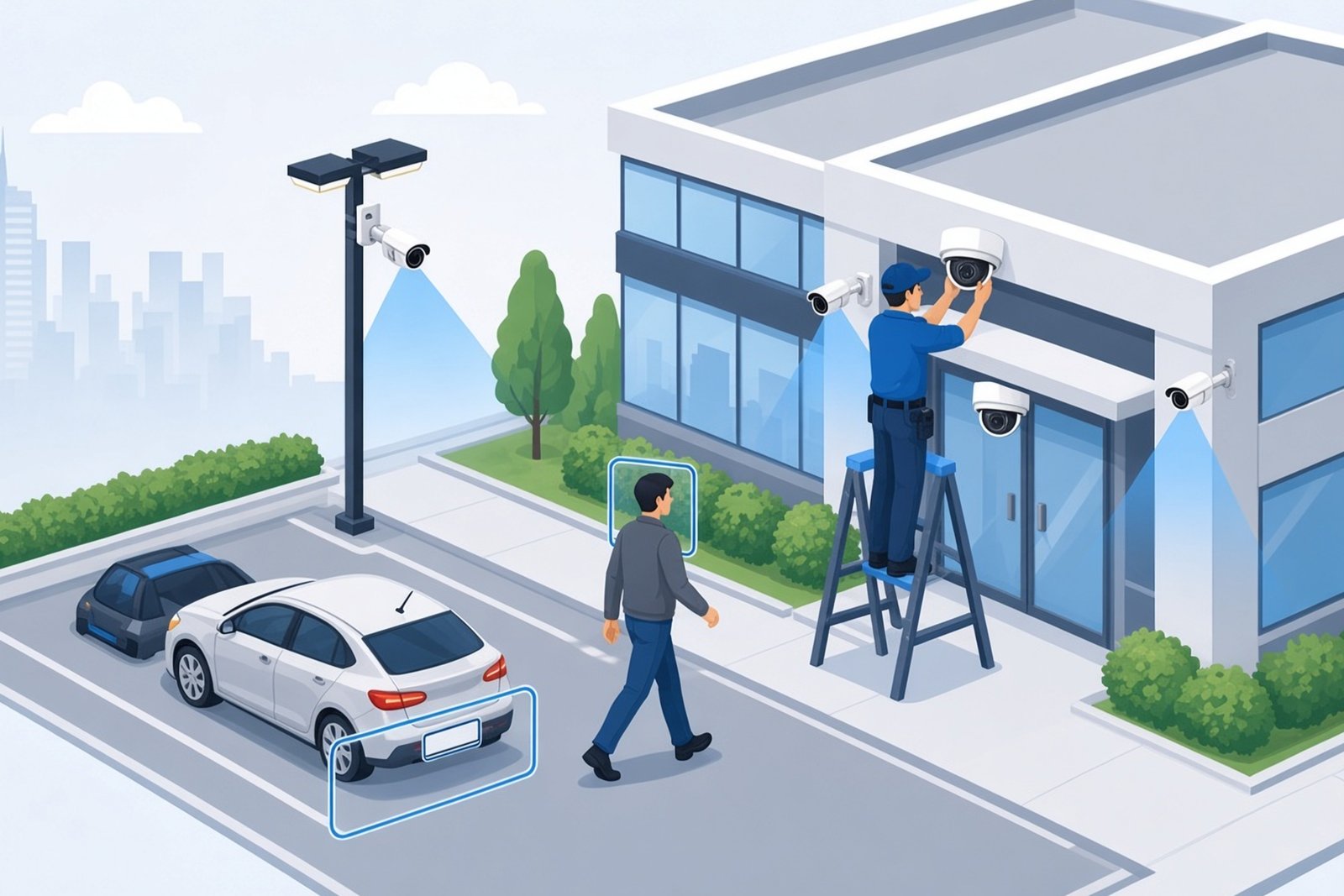 Technician on a ladder installing a dome security camera on a commercial building, with pole and wall cameras covering a parking lot, a parked car and a pedestrian.