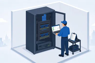 Technician servicing commercial low-voltage equipment