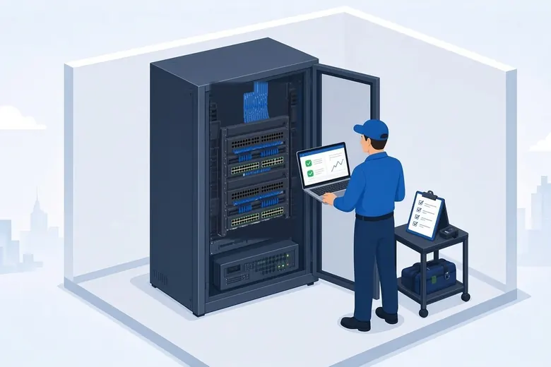 Technician with a laptop running diagnostics on a network cabinet, with a service checklist on a tool cart.