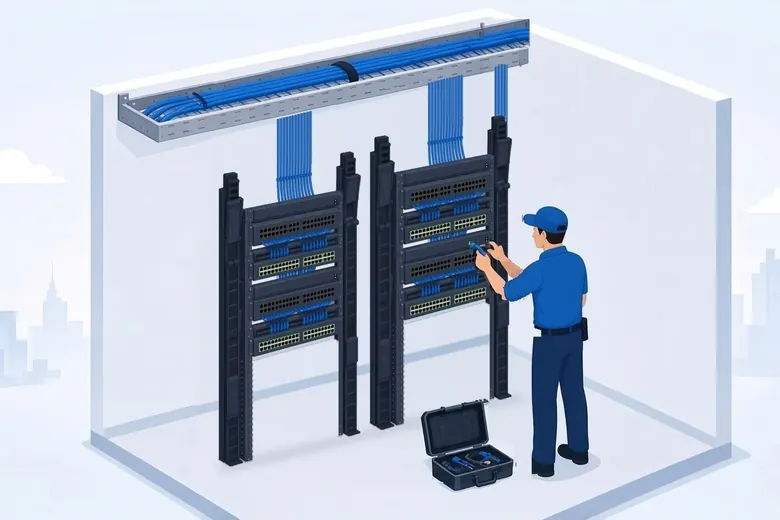 Technician terminating network cables at two open-frame racks fed by blue cable bundles from an overhead cable tray.