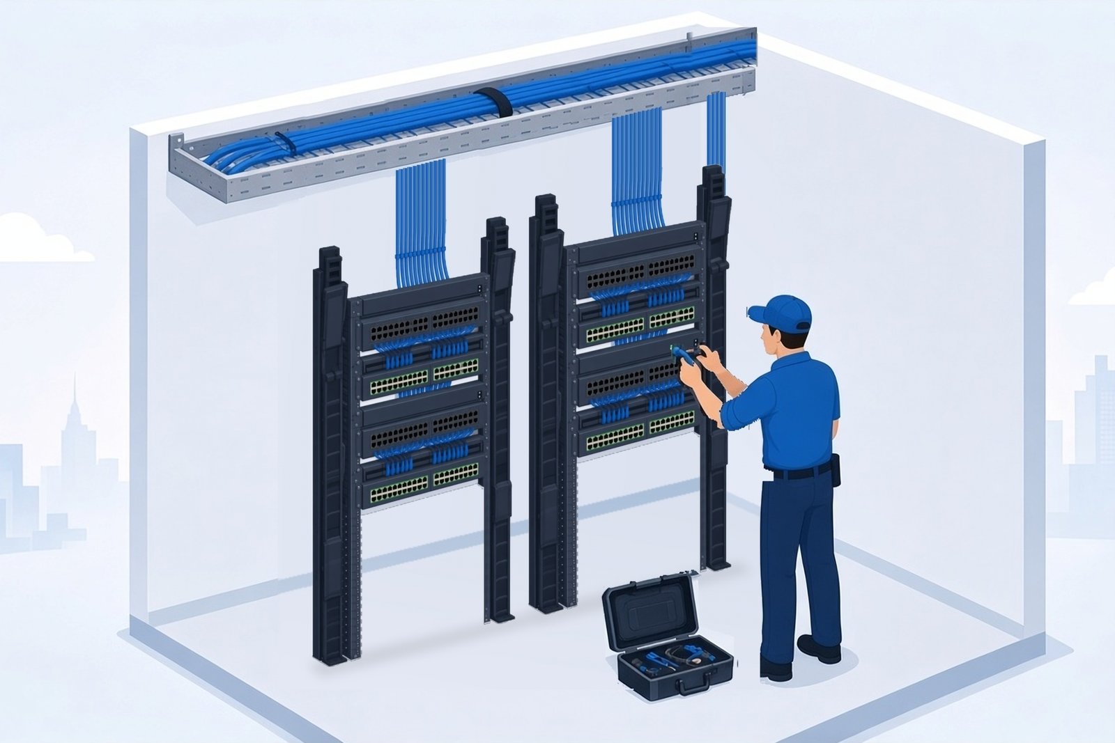 Technician terminating network cables at two open-frame racks fed by blue cable bundles from an overhead cable tray.