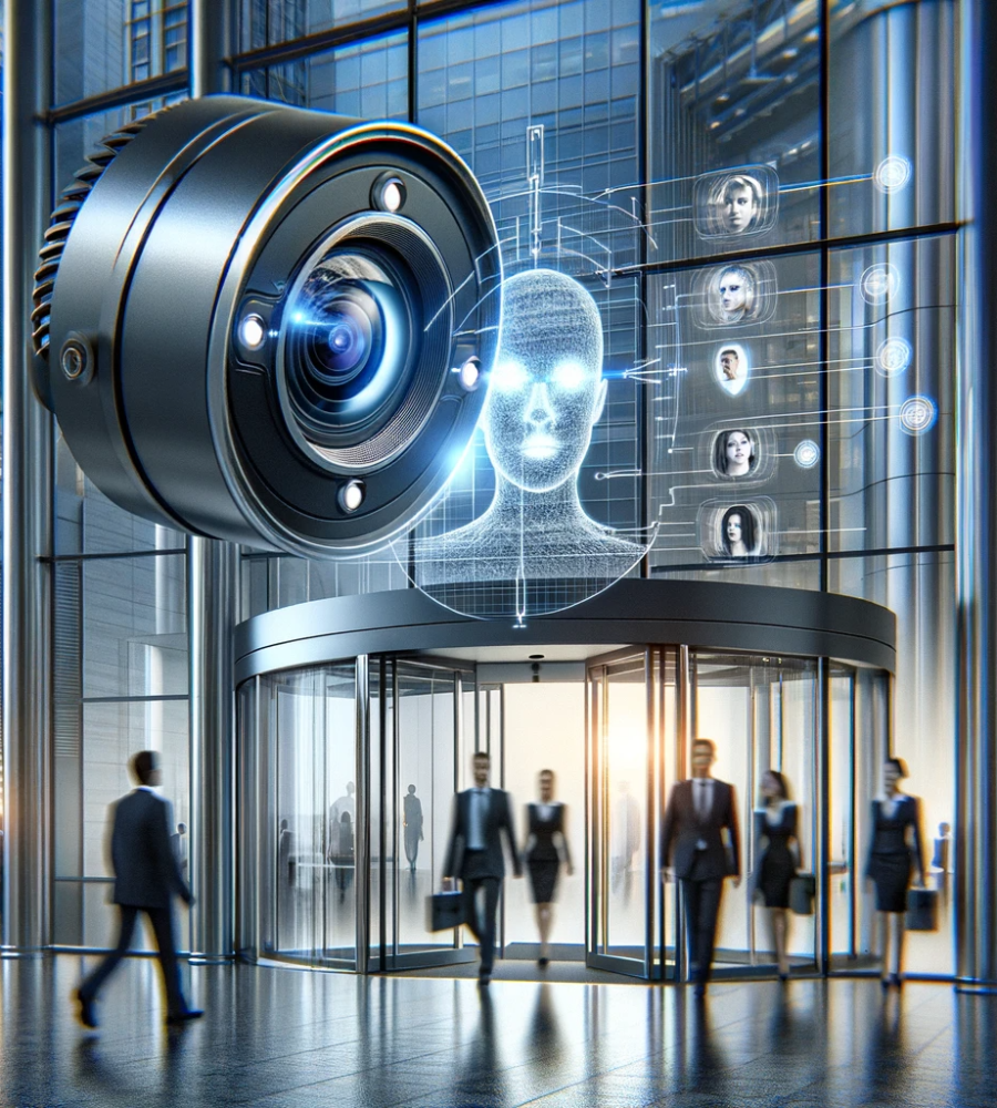 DALL·E 2024-01-09 19.05.06 - A futuristic image highlighting AI facial recognition technology in a corporate building setting. The focus is on a sophisticated, high-tech camera mo